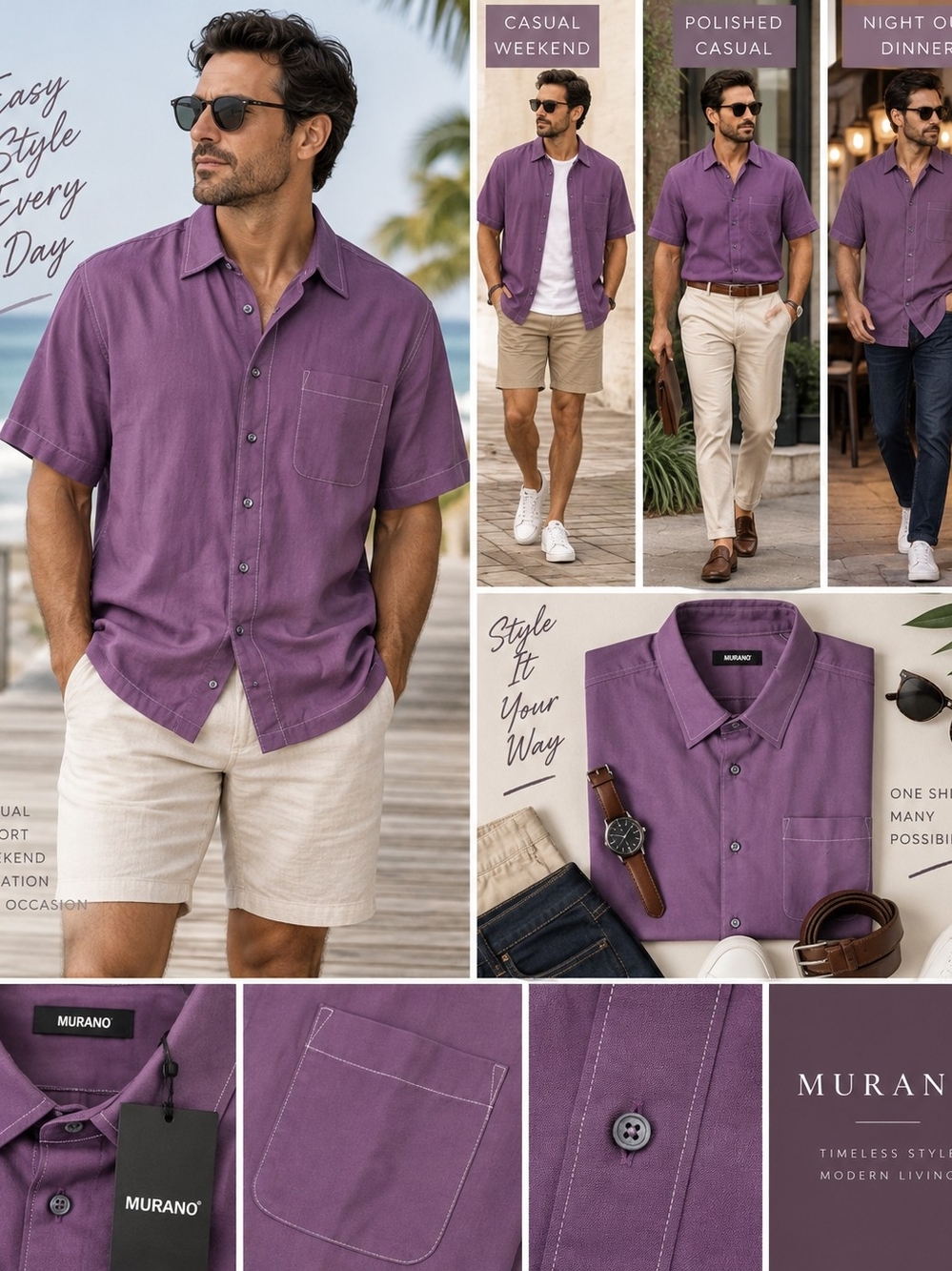 Murano Men's Short-Sleeve Button-Down Shirt in Plum Purple 2xlt